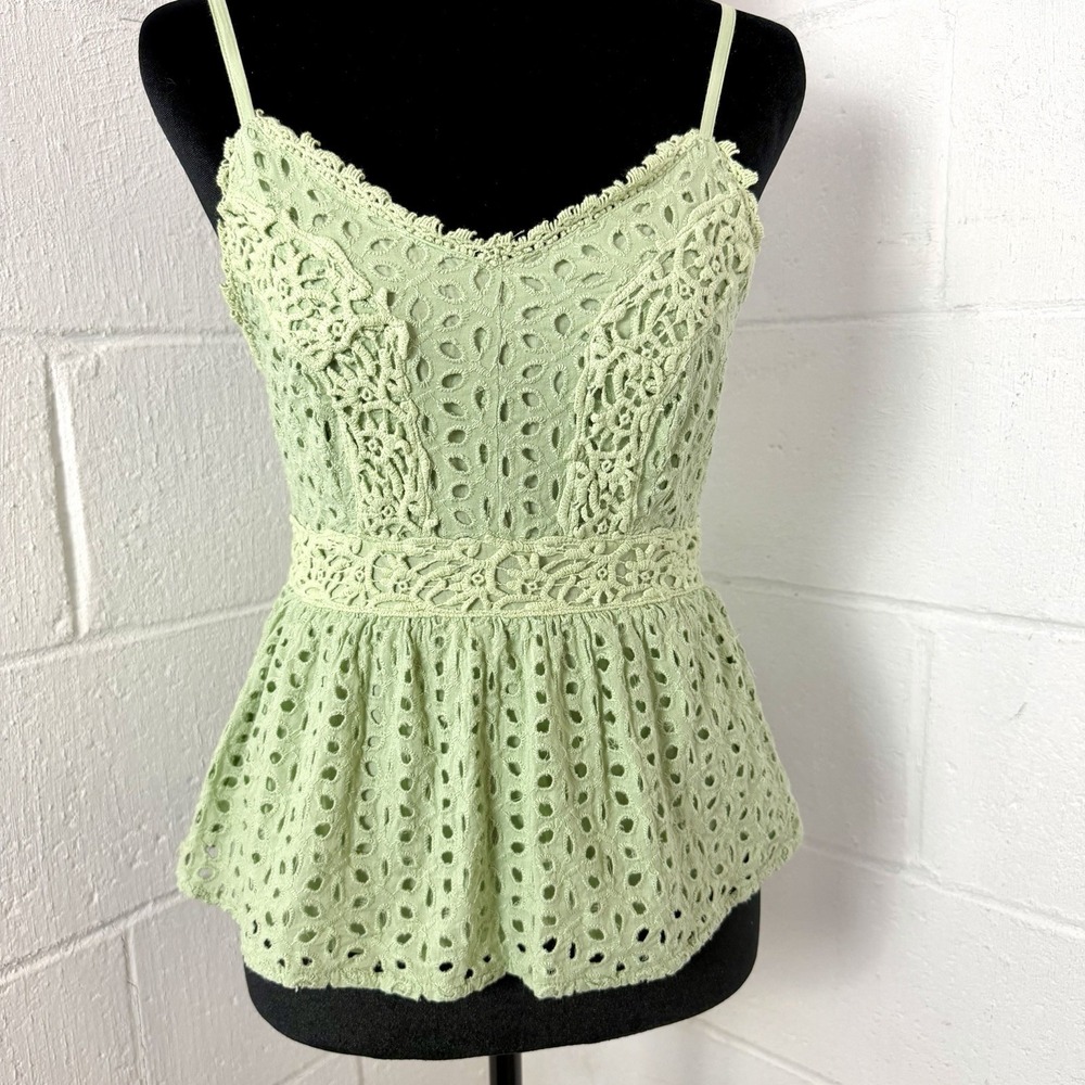 Y2K Babydoll‎ Cami Smocked Green Eyelet Milkmaid Dainty Coquette Romantic XS
